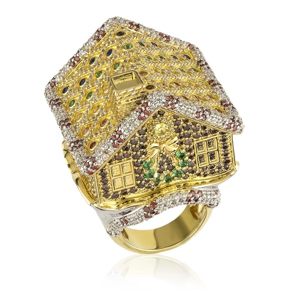 14K Gold Plated Gingerbread House Holiday Christmas Cocktail Ring - Size 7